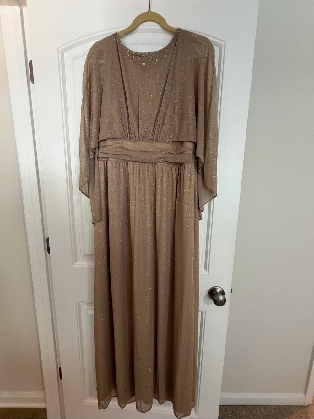 SLNY Metallic Taupe Evening Gown with Draped Waist